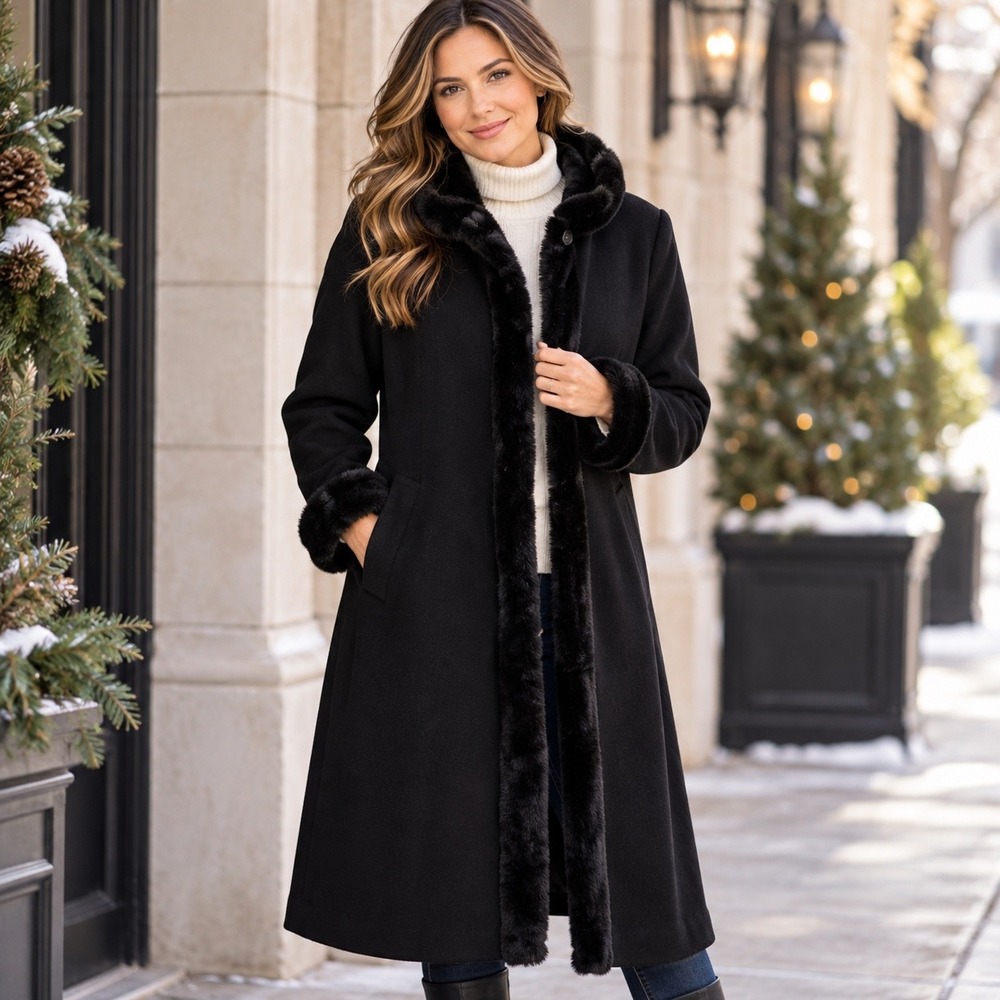 Ellen Tracy Womens Black Wool Blend Faux Fur Trim Long Hooded Coat Size 12 HC39